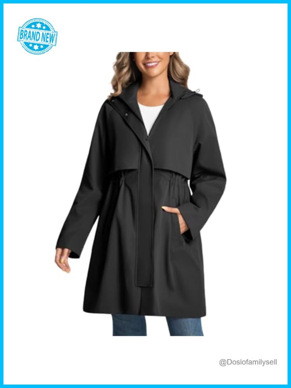 Women's Water Resistant Trench Coat Detachable Hood Drawstring Waist